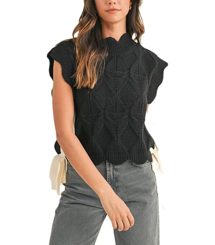 ZZEVOLSS Women Side Tie Sweater Vest Scallop Trim Mock Neck Knit